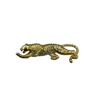 Vintage Gold Tone Rhinestone Tiger Brooch Prowling Big Cat Animal Pin 3 Inch